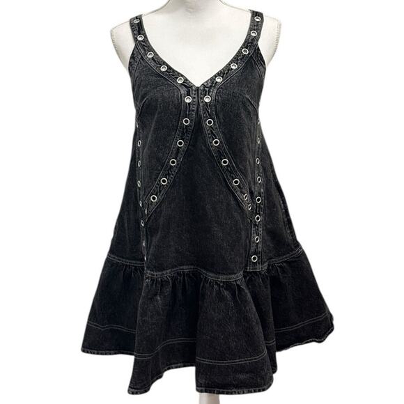 Pilcro NWT Dark Gray Sleeveless V-Neck Studded Grommet Denim Mini Dress Punk Alt - Picture 2 of 10
